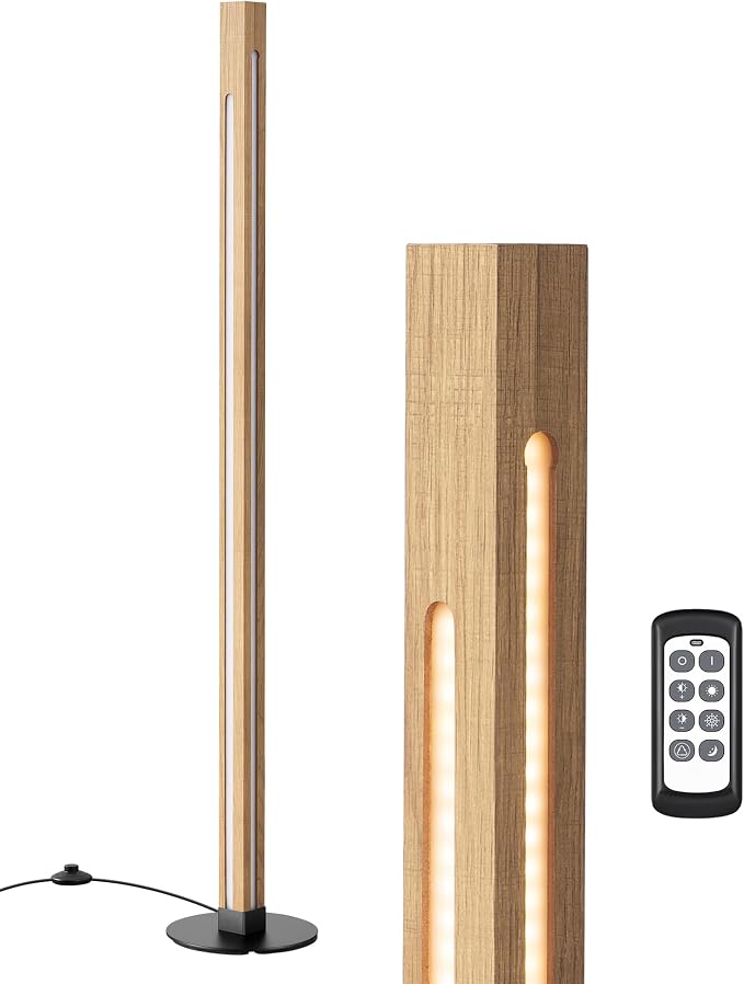 EDISHINE Wooden LED Floor Lamp with Remote, Dual Lighting, 7CCT & Dimmable | Foot Switch, Night Light Mode, Memory Function, Standing Lamp for Bedroom, Office, Walnut Wood