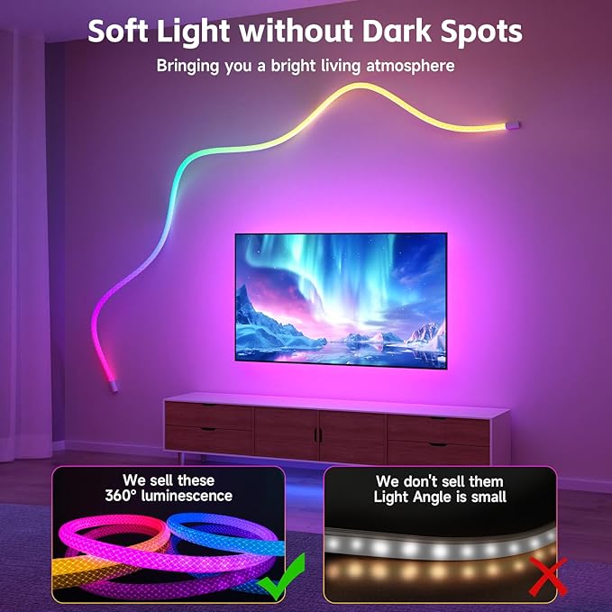 LED Rope Lights, 13.1ft Neon LED Lights Strip with 360 Degree Luminous, 5V USB Flexible IP67 Waterproof Music Sync Remote APP Control Gaming Lights Accessories for Bedroom Outdoor Décor