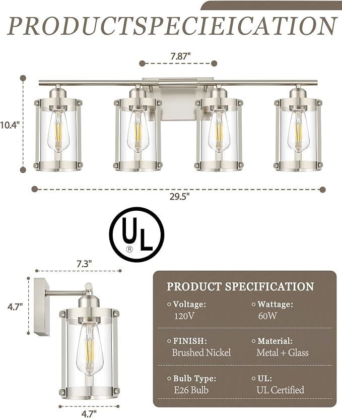 4-Light Brushed Nickel Bathroom Light Fixtures, 29 Inch Modern Bathroom Vanity Lighting Fixtures Over Mirror with Clear Glass and Metal Cage Wall Sconce Lights for Bath, E26, OS-3014BN-4W