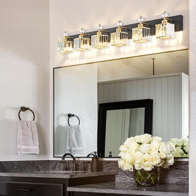 PRESDE 6-Light Crystal Bathroom Lights Fixtures Modern Black and Gold Wall Lamp for Bath Bedroom Hallway