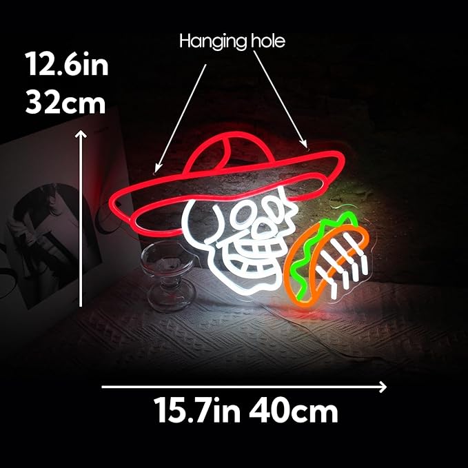 Tacos Skull Neon Sign for Man Room Decor Funny Mexican Tacos Led Light Up Sign for Wall Decor Corn Skeleton Neon Signs for Boys led sign for Party Bar Club Restaurant Man Cave Wall Art Birthday Gift