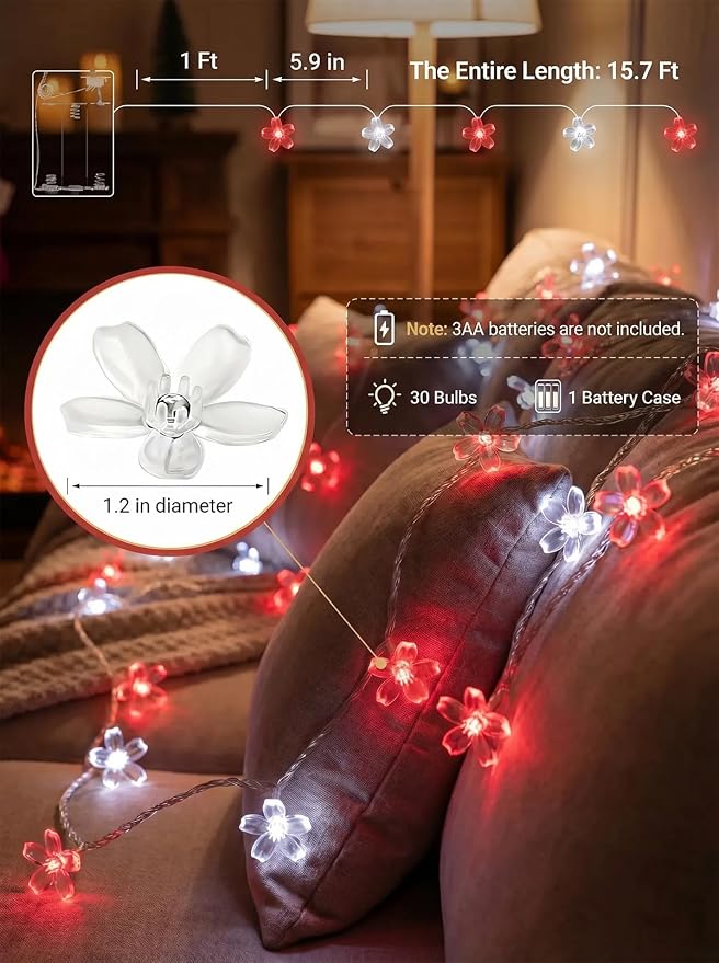 Flower Battery Operated Indoor String Lights 30L Cherry Blossom Fairy Light | Waterproof Outdoor Party Birthday Wedding Christmas Home Red White