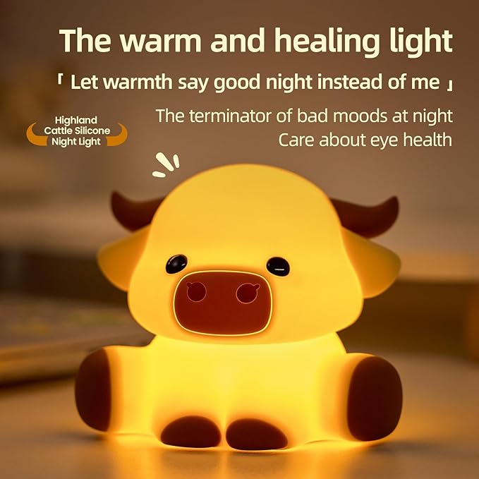 Highland Cow Night Light, Huggwaii Squishy Silicone Lamp for Kids - Dimmable Touch Sensor Cute Animal Lamp, Soft Glow Night Light for Nursery, Bedroom, Christmas Gifts for Boys, Girls, Women
