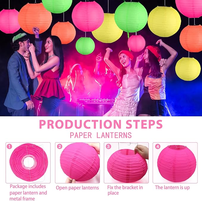 15-Pack Glow in the Dark Party Supplies, Neon Party Decorations | UV-Reactive Colorful Hanging Paper Lanterns for Birthday, Wedding, Baby Shower, Classroom Decor, Bars & Blacklight Events
