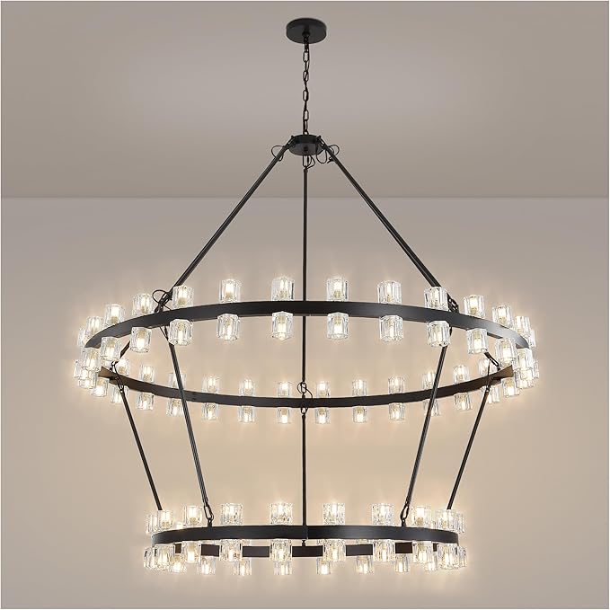 60 Inch Black Wagon Wheel Chandelier with Crystal Shade, 2 Tier 100 Lights, Modern Farmhouse Style, Ideal for Dining Room, Kitchen, Entryways