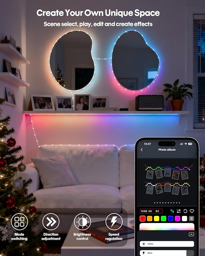 Smart Fairy String Lights, 33Ft Usb DIY Twinkle Lights w/Remote & App Controlled, music sync,12 Modes, Multicolor & Warm White for Bedroom, Christmas, Parties,Wedding,Centerpiece, Decoration