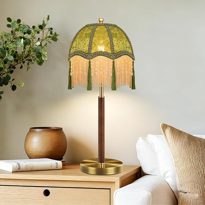 ILLMTW Fringe Table Lamp for Bedroom Living Room,Vintage Bedside Lamps Dimmable Boho Bedroom Lamp with Flower Green Lamp Shade,Mid Century Retro Tassel Unique Wood Small Nightstand Lamp Tiffany Decor