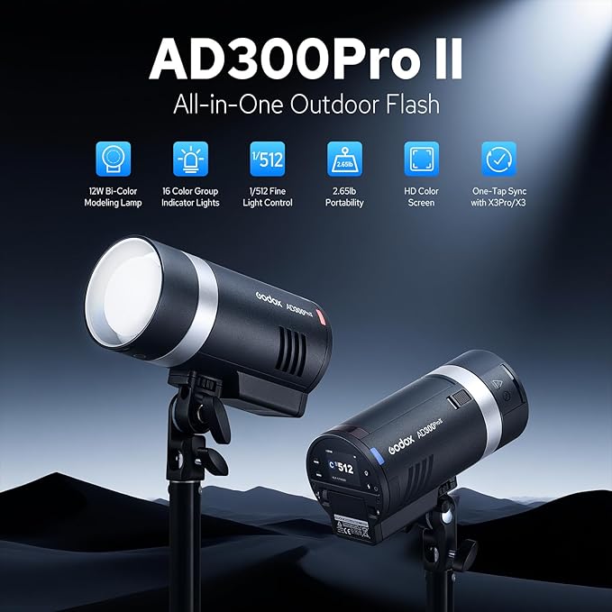 GODOX AD300Pro II AD300 Pro II Outdoor Flash Strobe, 2.4G 300Ws TTL HSS 1/8000s Portable Flash Monolight, 350 Full Power Flashes, 12W Bi-Color Modeling Lamp, 1/512-1/1 Power Adjust, HD Color Screen