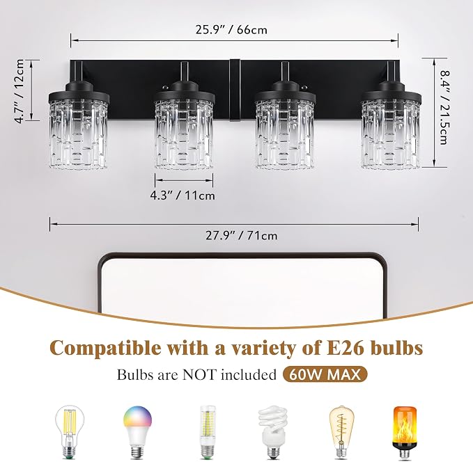 maesta Black Bathroom Light Fixture,4 Light Modern Vanity Light Over Mirror | Modern Vanity Light, Black Metal & Crystal Glass Fixture, Anti-Rust, Easy to Install for Bathroom Hallway Bedroom Entryway