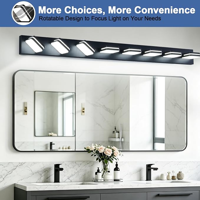 Torondo 360° Rotate LED Bathroom Vanity Light Fixtures, Acrylic Vanity Lights for Bathroom, Modern Wall Lighting Fixtures Over Mirror Living, Matte Black, Natural White, 8-Light, 53-Inch
