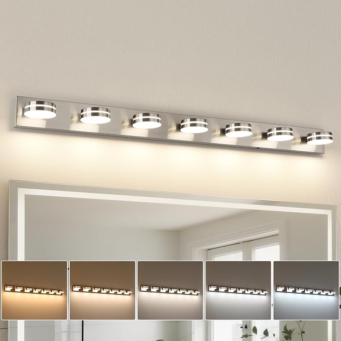 Modern Bathroom Light Fixtures Over Mirror 7 Light Vanity Light | 55.12in 42W LED Dimmable Bath Lights, Wall Mounted Lighting Fixture with Rotating Lamp Head, Acrylic Metal, 5CCT Dimmable