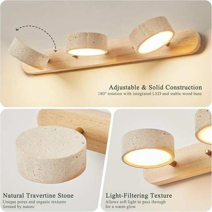Natural Wood Bathroom Vanity Light with with 3 Travertine Stone Shades, 19.68in LED Bathroom Light with Solid Wood Base, Modern Rustic Vanity Light Fixture for Bathroom Light Over Mirror, Hallway