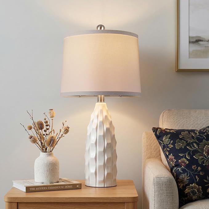 WIHTU 24" Ceramic Table Lamps Set of 2, Modern Nightstand Light, White | Linen Shade, 3 Color Temps, Farmhouse/Boho Style, Bedroom/Living Room/Office decor, Ideal Gifts, 2 Bulbs Included, E26 Base