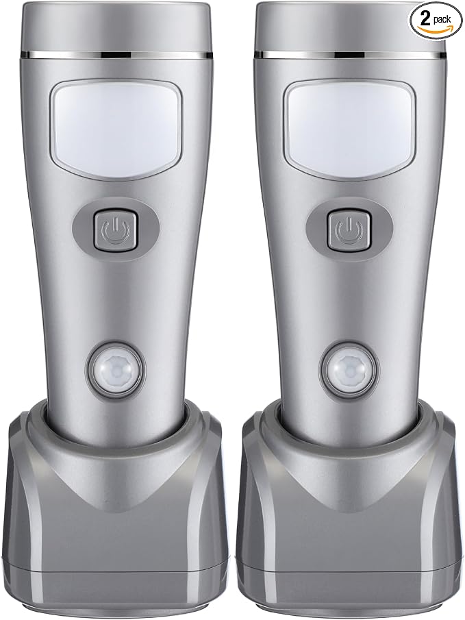Enhon 2 Pack 4 in 1 LED Emergency Lights for Home Power Failure,Silver | Rechargeable plug-in flashlight, motion sensor night light, auto turn-on during blackout, hurricane supplies