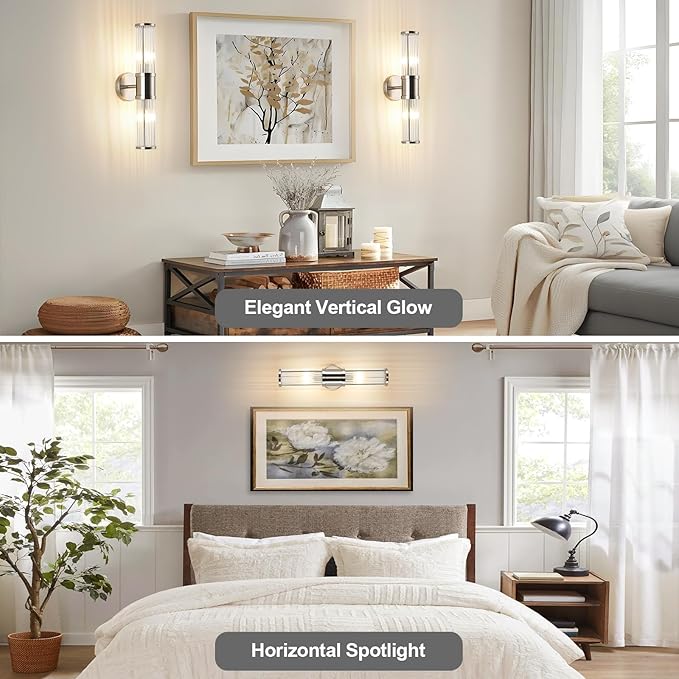 Dual Sconce Vanity Set, Brushed Nickel Wall Light with Clear Glass Rods Shape, Industrial Vanity Lighting for Bathroom Mirror and Modern Bedroom