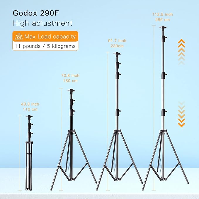 Godox Heavy Duty Aluminum Photography Light Tripod Stand for Studio Photography Lighting, Backgrounds, Monolights, Strobe Flash - 286CM, 112 Inches