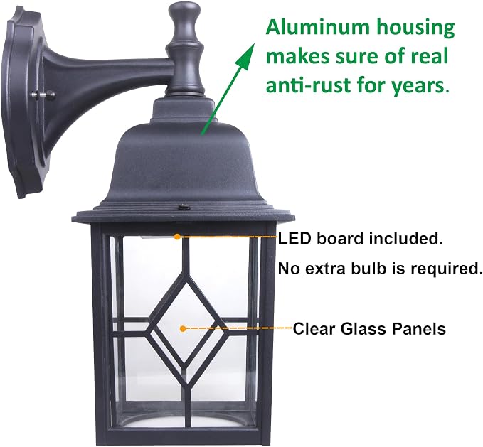 Outdoor Wall Light Fixture, Rustproof Aluminum, Glass | LED Large Exterior Porch Light Wall Sconce Lantern for House, Patio, Garage, Waterproof, 11W 1000 Lumen, 5000K, Black