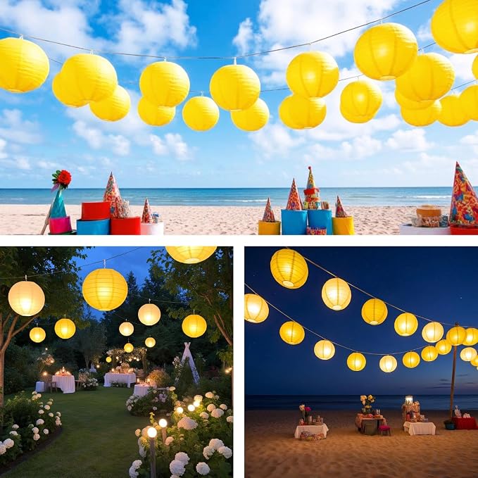 Yellow Chinese Paper Lanterns with LED Lights, 10-Pack 12inch