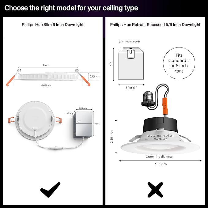 Philips Hue Slim Downlight, Recessed LED Ceiling Light, 1-Pack, White | 6-Inch, Canless Design, Full-Spectrum Daylight 1000K-20000K, 1200 Lumens, Ultra-Low Dimming, Precise Color, Smart Lighting