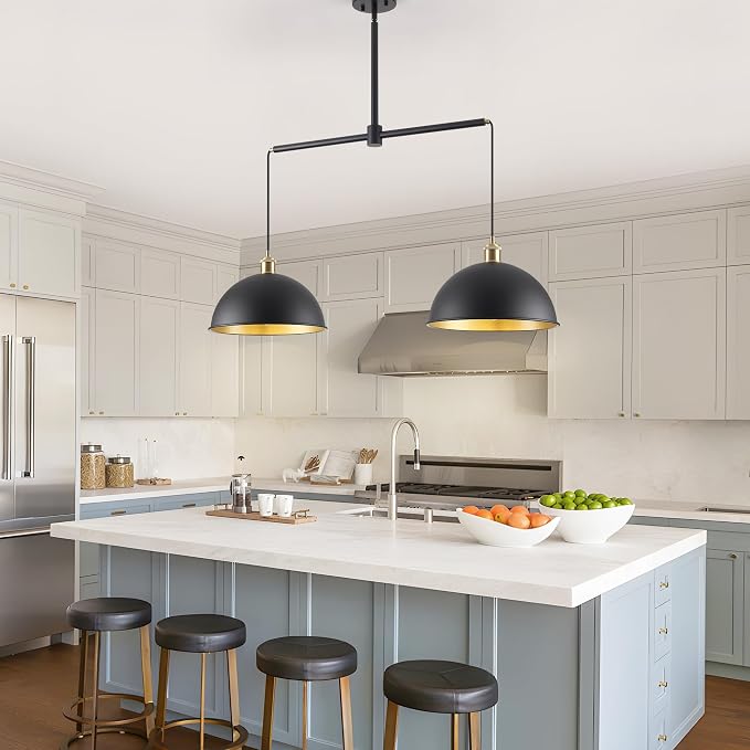 Farmhouse Black Pendant Light with 2-Lights, 11.81" Dome Pendant Lights Fixtures Modern Adjustable Hanging Lighting for Kitchen Island Dining Room and Foyer