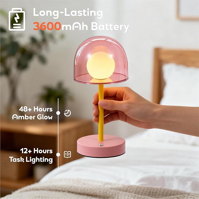 Pink Rechargeable Lamp, Coffee Table Small Lamps, Funky Desk Lamp | Cordless Touch Lamp Dimmable, Kids Bedside Lamp Touch IP44, Pink Table Top Battery Operated Light, Mini Touch Night Lamp LED