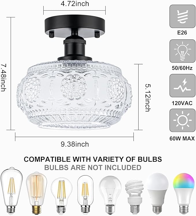 Semi Flush Mount Ceiling Light Fixture - Black Metal Base & Floral Glass Shade, Modern Vintage Lighting for Entryway, Bathroom, Kitchen, Bedroom (Bulb Not Included)