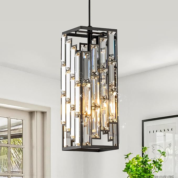 CATINER Black Crystal Pendant Light, Mini Hanging Light, E26 | Black crystal pendant light with adjustable 59" cord, E26 base, dimmable, ideal for kitchen island lighting