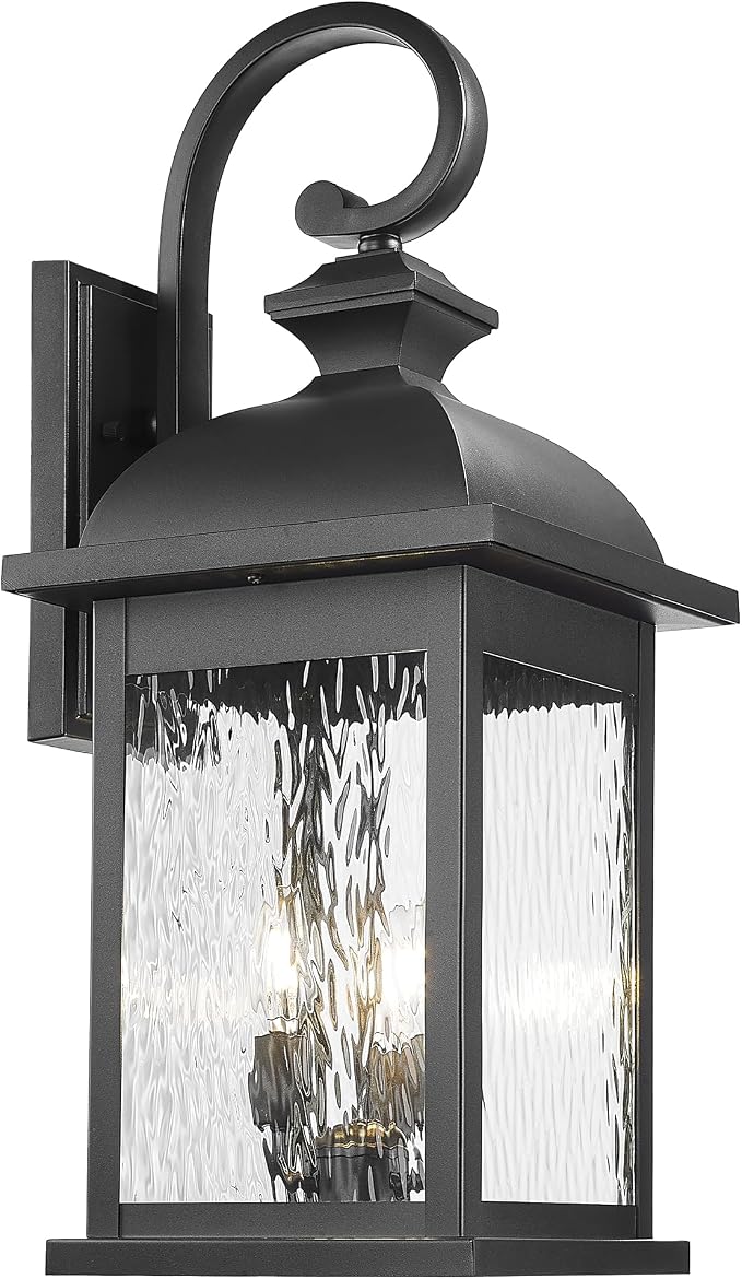FEMILA 26" Outdoor Wall Light, Large Exterior Wall Lantern with Water Ripple Glass, 3-Light Outdoor Wall Light Fixtures for Entryway, Patio, Garage, Doorway, E12 Base, 4FD54B-L BK