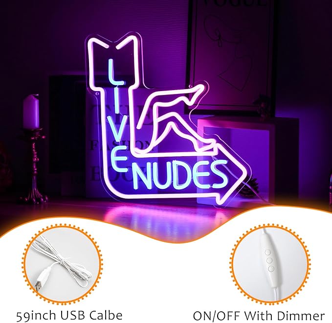 Live Nudes Neon Sign - Cool LED Sign, Pink & Blue, Dimmable USB Powered, Wall Decor for Man Cave, Beer Bar