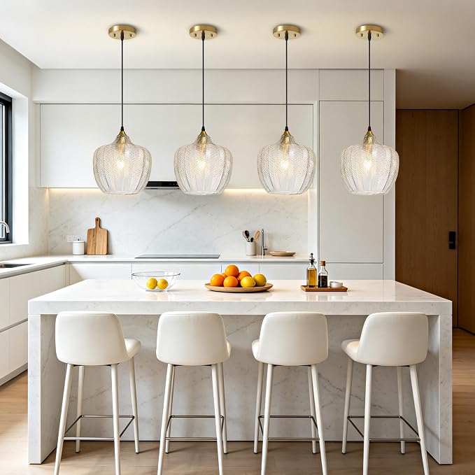 Clear Glass Pendant Lights Kitchen Island 2 Pack Gold Hanging Ceiling Light | 9.45" Adjustable Height, Dimmable, E26 bulbs, Rust-resistant Damp Rated For Bathrooms, 5-Year Warranty, UL Certification