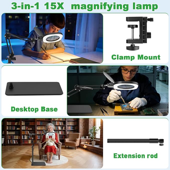 15X Real Glass Magnifying Lamp, 3-in-1 LED Desk Lamp with Base Clamp & Floor Stand, 5 Color Modes Stepless Dimmable, Adjustable Swing Arm, for Repair, Reading,Crafts,Painting