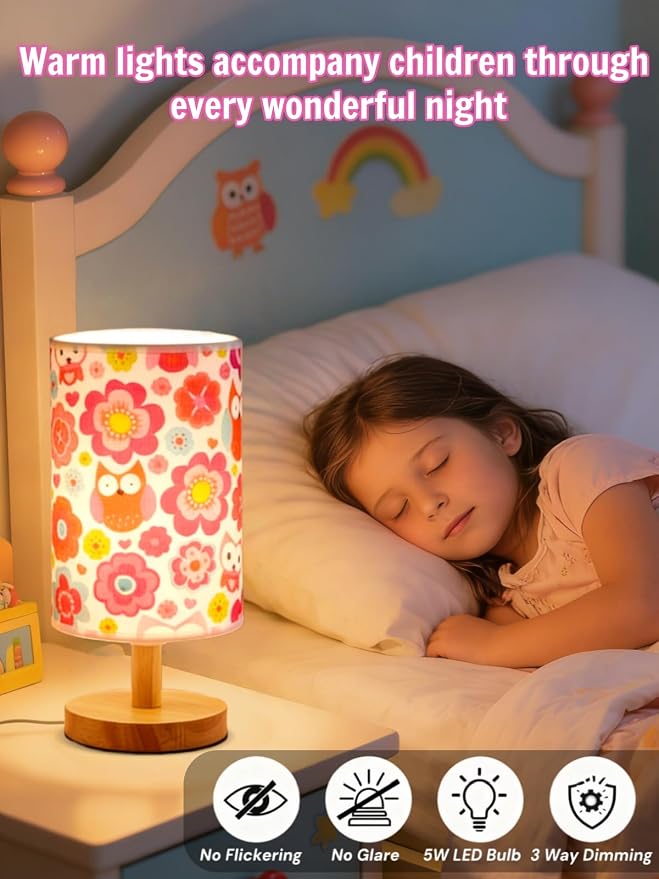 Owl Flower Kids Table Lamp for Bedroom Girls Bedsid Lamps,3-Way Dimmable Wood Base Nightstand Night Light with Cartoon Pattern Lampshade for Bedroom Living Kid Room Study for Kawaii Gift for Girls