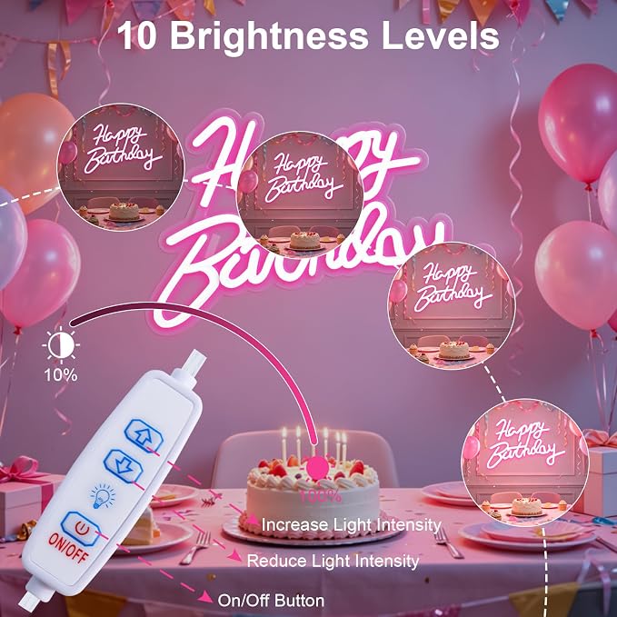 FARNY Happy Birthday Neon Sign for Wall Decor, LED Happy Birthday Light Up Sign Pink, Dimmable LED Birthday Neon Light for Birthday Party Decorations Backdrop,16.5"x 12"