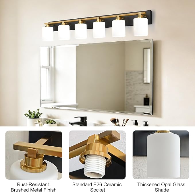 Black and Gold Bathroom Light Fixture, Modern 6 Light Vanity Lights for Bathroom Lighting Fixtures Over Mirror, White Glass Lampshade, Master & Guest bathrooms Bathroom Remodel, 43-inch