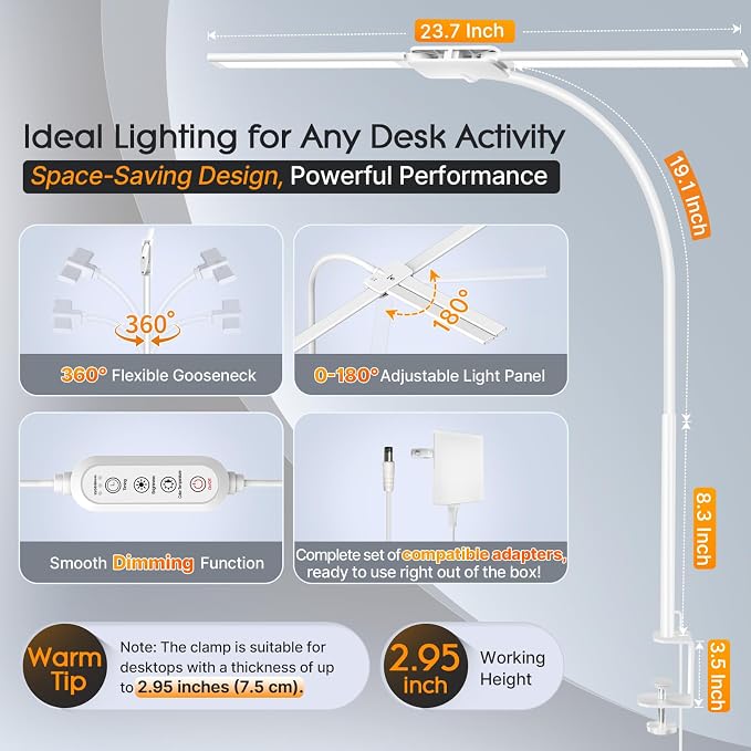 Syrinx LED Desk Lamp, Dual Head Desk Light with Clamp, Eye-Care Table Lamp | Flexible Gooseneck Task Light with Motion Sensor, Wired Control, 50 Lighting Modes, Timer & Memory Function for Home Office