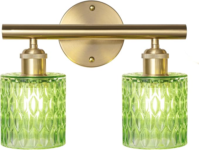 Bathroom Vanity Light, Gold Wall Fixture Over Mirror, Green Glass Shade Lighting with Bulbs Included for Bedroom & Living Room,2-Lights