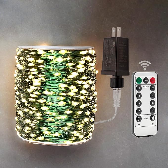 Extra Long Green Wire Fairy Lights Plug in 400FT High Bright 1200 LED Waterproof LED String Lights with Remote Warm White for Christmas Tree, Patio, Garden, Backyard