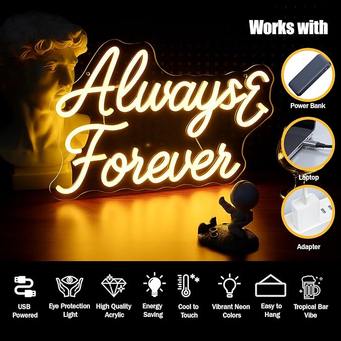 Always Fover Neon Sign, Warm White Neon Light Sign, Letters Wedding Led Neon Signs for Wall Decor, USB Light Up Signs for Wedding Party Bedroom Beauty Salon Girls Love Gift