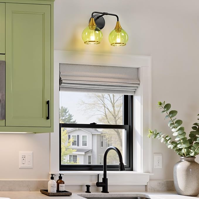 Black and Gold Bathroom Vanity Light 2-Lights Bathroom Light Fixtures Over Mirror with Green Clear Glass Shade 14 inch Wall Sconce Lighting Bath(Exclude E26 Bulb)