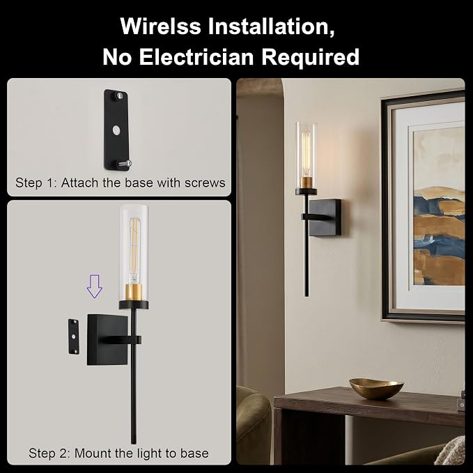 Battery Operated Wall Sconce Set of 2, Black & Gold Wireless Sconces Wall Decor, Rechargeable Wall Lights for Bedroom Living Room Entryway Bathroom Hallway Stairwell