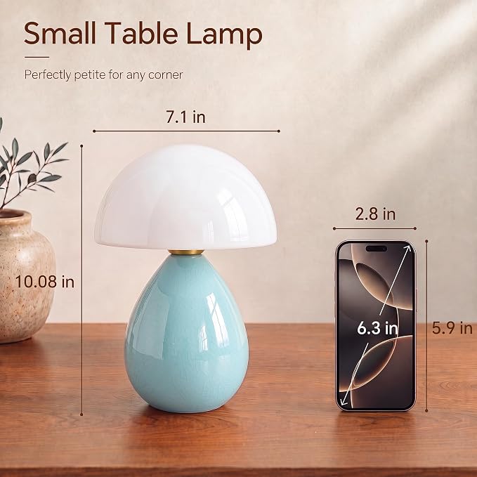 Mushroom Lamp Table Lamp for Bedroom,Ice Crackle Desk Lamp Bedside Small Lamps for Living Room Night Stands,Table Lamps Cute Modern Mid Century Lamps (Blue-Ice Crackle)