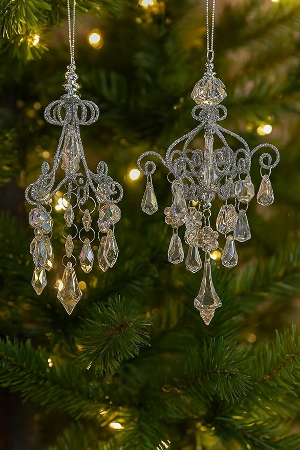 The Bridge Collection Set of 2 Opalescent Chandelier with Faux Gemstones Ornaments - 6" Elegant Sparkling Chandeliers with Faux Crystals Christmas Ornaments