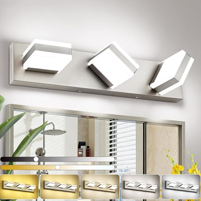 SOLFART Bathroom Light, 5 Color Temperature LED Bathroom Vanity Fixtures, Brushed Nickel 3 Lights Vanity Light Over Mirror Modern LED Light Adjustable Color 5CCT