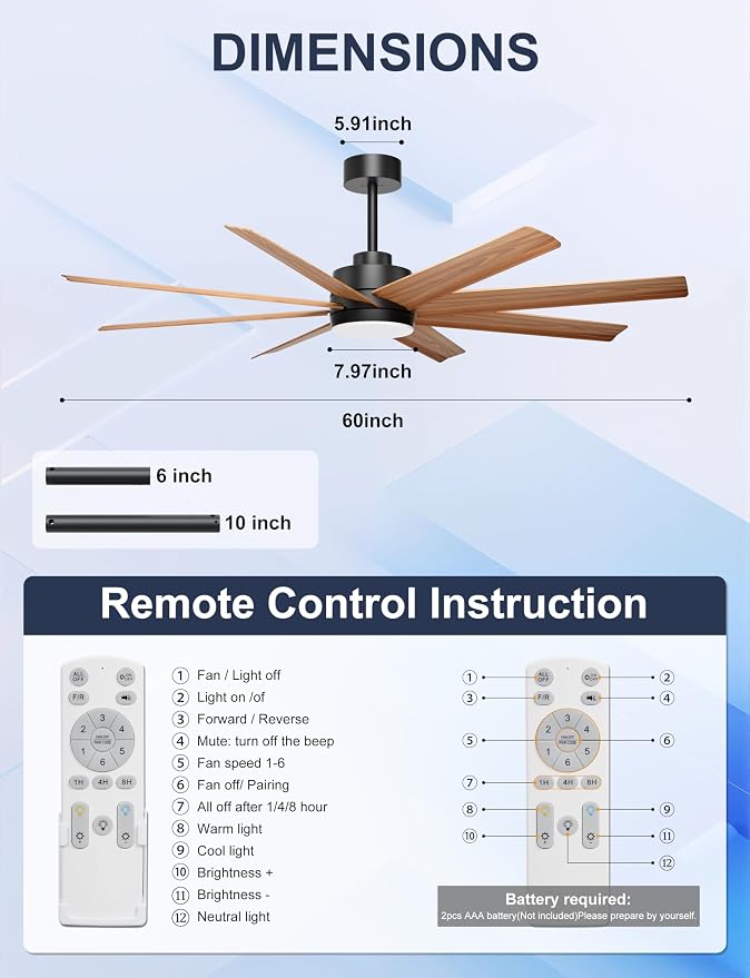 Ohniyou 60" Modern Farmhouse Ceiling Fan with Light for Patio, Living Room | Remote/App Control, Quiet DC Motor, 3CCT Dimming, Covered Outdoor Fan with 8 ABS Blades, Black and Wood Color
