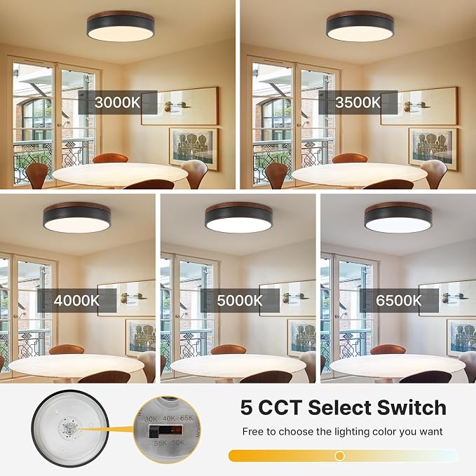 12" Minimalist Black and Walnut Wood LED Flush Mount Ceiling Light | Natural Wood Accent, Integrated LED, 5CCT Before Installation, Slim Low-Profile Design, Minimalist Modern Style, Compact Size