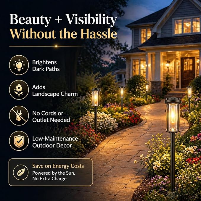DERAYSION 12 Pack Solar Lights Outdoor, 21" Solar Pathway Lights Auto On/Off Waterproof Garden Lights for Path, Yard, Walkway, Driveway Decor, Warm White