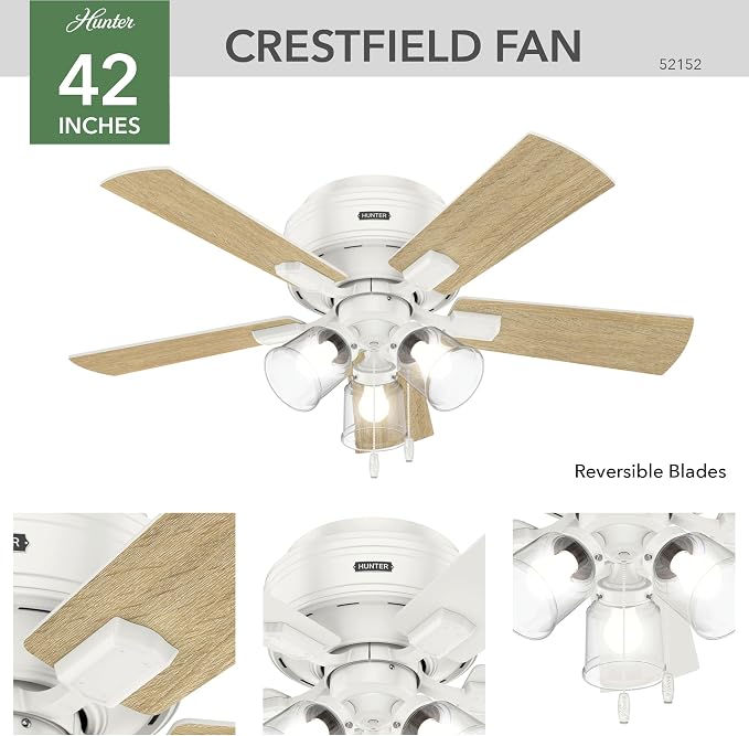 Hunter Crestfield, Indoor, Ceiling Fan, Quiet, 42 inch, Fresh White | with LED Lights and Pull Chain, Low Profile Flush Mount, 5 Blades, For Bedroom, Living Room, Kitchen, 52152