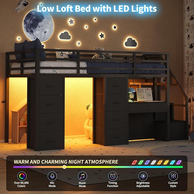 Twin Loft Bed with Desk, 12 Drawers, RGB Lights & Wide Step Stairs, Black | Built-in Power Outlet, Clothes Rack, Pockets, Display Grid, Under Bed Play Fort, 11.8''H Safety Guardrail & Ladder