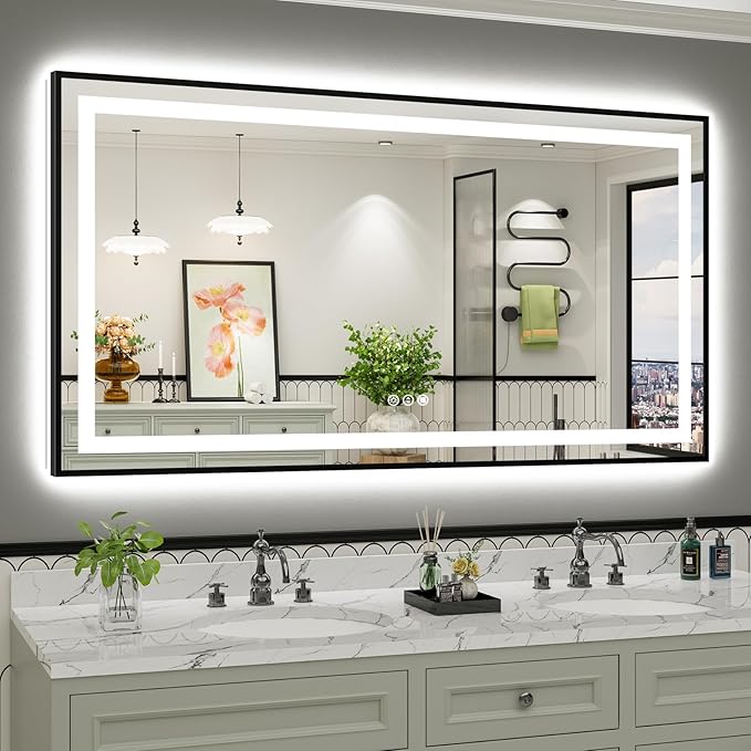 66x36 Inch LED Bathroom Mirror with Black Frame, Backlit & Front Lit | Anti-fog, 3 Color Dimmable, Memory Function, HD Reflection Tempered Glass, ETL Listed, IP54 Waterproof