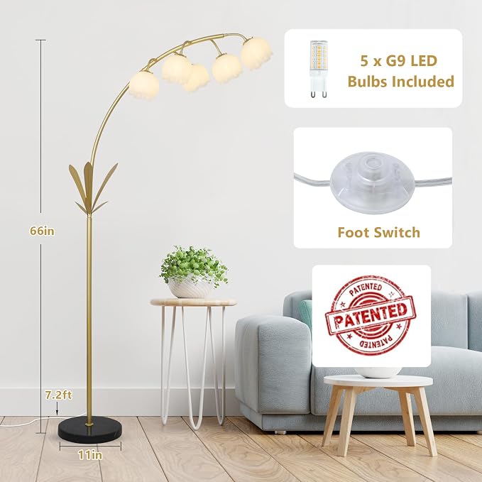 HMVPL Gold Floor Lamp for Living Room, Flower Floor Lamp with 5 G9 LED Bulbs, Foot Switch, Arc Tall Lamp with Acrylic Shade, Marble Base, Mid Century Standing Lamp for Living Room Corner Bedroom Home